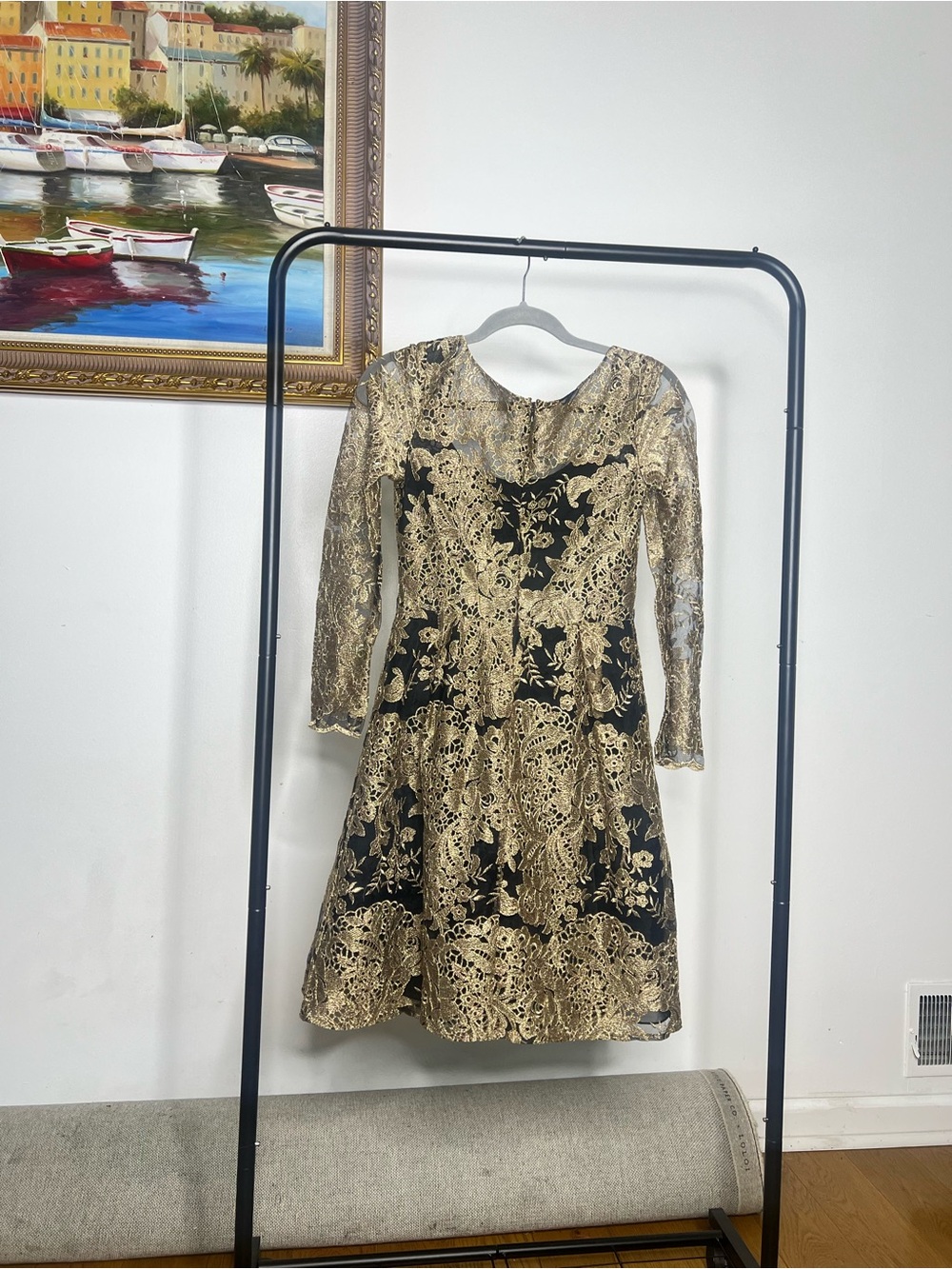 Marchesa Black and Gold Lace Long-Sleeve Fit-and-Flare Dress - Picture 3 of 7